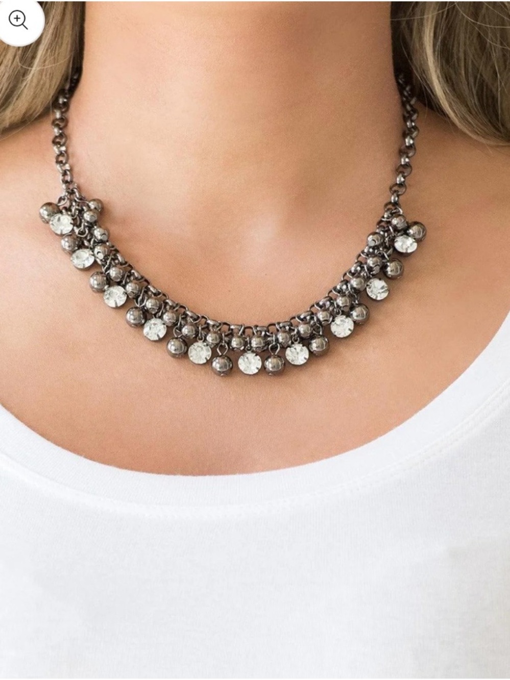 paparazzi Gunmetal and Clear Rhinestone Bib Necklace